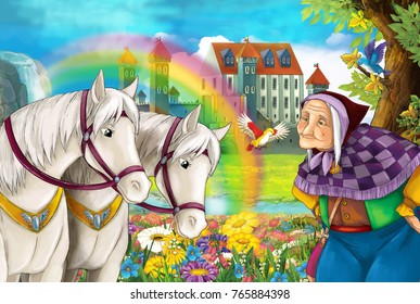 Cartoon Fairy Tale Scene With Older Woman In The Field Full Of Flowers Near Small Waterfall Colorful Rainbow And Big Castle Illustration For Children