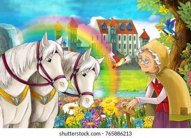 Cartoon Fairy Tale Scene With Older Woman In The Field Full Of Flowers Near Small Waterfall Colorful Rainbow And Big Castle Illustration For Children