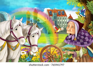 Cartoon Fairy Tale Scene With Older Woman In The Field Full Of Flowers Near Small Waterfall Colorful Rainbow And Big Castle Illustration For Children