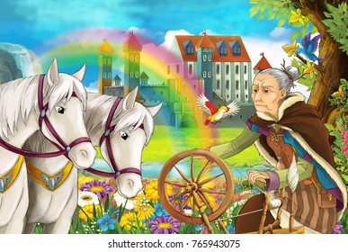 Cartoon Fairy Tale Scene With Older Woman In The Field Full Of Flowers Near Small Waterfall Colorful Rainbow And Big Castle Illustration For Children