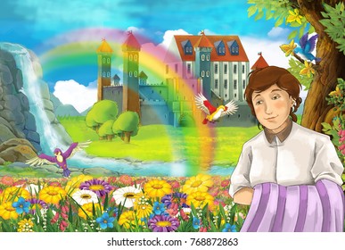 Cartoon Fairy Tale Scene With Older Woman In The Field Full Of Flowers Near Small Waterfall Colorful Rainbow And Big Castle Illustration For Children