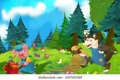 Cartoon Fairy Tale Scene Wolf Pig Stock Illustration 1457432369