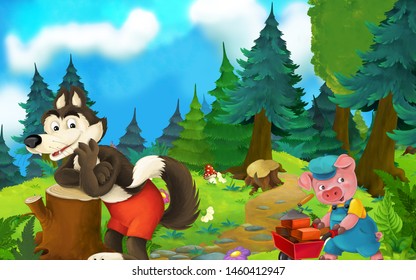 Cartoon Fairy Tale Scene Wolf Pig Stock Illustration 1460412947 ...