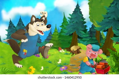 Cartoon Fairy Tale Scene Wolf Pig Stock Illustration 1460412950 ...