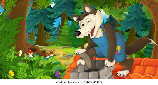 Cartoon Fairy Tale Scene Wolf On Stock Illustration 1490041829