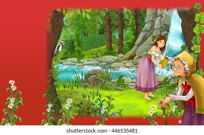 Cartoon Fairy Tale Scene With Young Woman Near The Waterfall And Older Woman Watching Her - Manga Girl - Illustration For Children