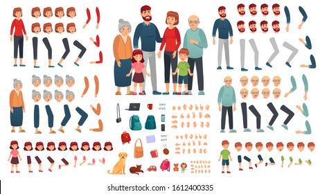 Cartoon family creation kit. Parents, children and grandparents characters constructor. Big family, mascot emotions, body gesture and hairstyle. Isolated  illustration symbols set