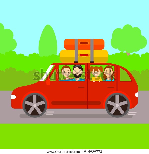 Cartoon Family\
Journey by Red Car Happy Together Trip or Travel Concept Element\
Flat Design Style.\
illustration