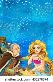 Cartoon Fantasy Scene On Underwater Village - With Older Woman Mermaid And Young Mermaid Talking - Beautiful Manga Girl - Illustration For Children