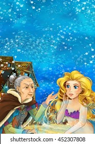 Cartoon Fantasy Scene On Underwater Village - With Older Woman Mermaid And Young Mermaid Talking - Beautiful Manga Girl - Illustration For Children