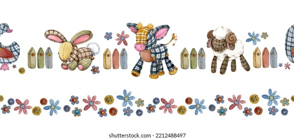 cartoon farm animal seamless pattern  domestic animals watercolor  Patchwork style  Childish cute background