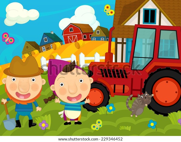 Cartoon farm scene - farmer and his wife\
near the tractor -  illustration for the\
children