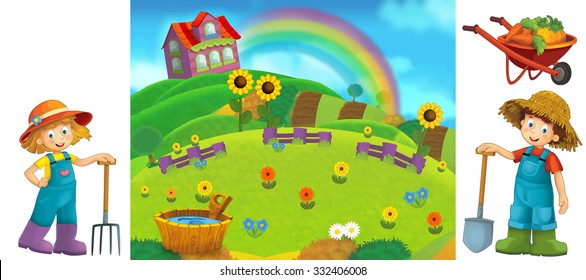 Cartoon farm scene with isolated elements for individual composition - illustration for the children