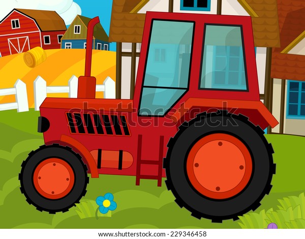Cartoon farm scene - tractor on the farm -\
illustration for the\
children