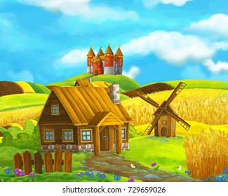 Cartoon Farm Scene Of Traditional Village With Castle In The Background - For Game Or Book - Illustration For Children