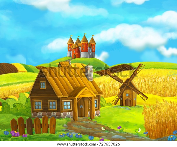 ゲームや本の背景に伝統的な村と城の漫画の農場シーン 子ども向けのイラトス のイラスト素材