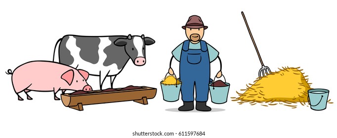 Cartoon Of Farmer Feeding Farm Animals Like Cow And Pig