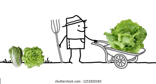 Cartoon Farmer in Garden and Big Salad in Wheelbarrow - Powered by Shutterstock