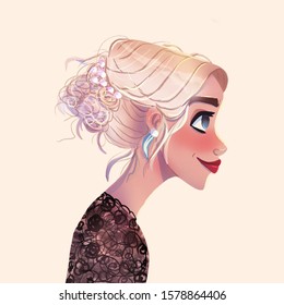 Cartoon Fashion beautiful girl portrait with blond hair princess style