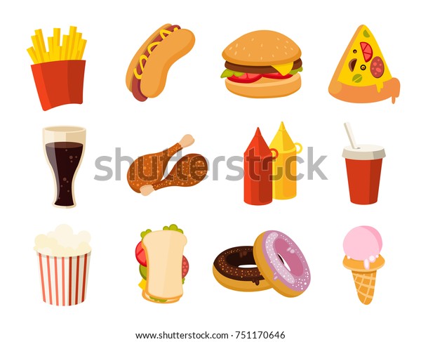 漫画のファストフード ハンバーガー 飲み物 チキンタコス サラダ ホットドッグセット ファストフードのピザとハンバーガーのコレクション 食べ物のサンドイッチとドーナツのイラスト のイラスト素材