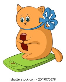 Cartoon Fat Cat Weigh Yourself On The Scale And Eat Sausage.