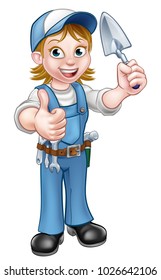 A Cartoon Female Builder Or Bricklayer Construction Worker Holding A Masons Brick Laying Trowel Hand Tool