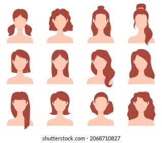 Cartoon female fashion hairstyle for short, long and curly hair. Woman head with haircuts, ponytail and bun. Flat girl hairstyles  set. Illustration of female haircut portrait, cartoon hairstyle
