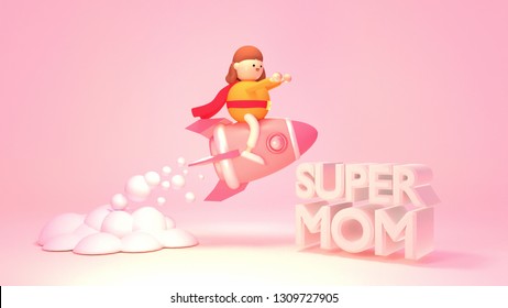 Cartoon female figurine sitting on a pink space rocket. Big "Super Mom" text. 3d rendering picture. - Powered by Shutterstock