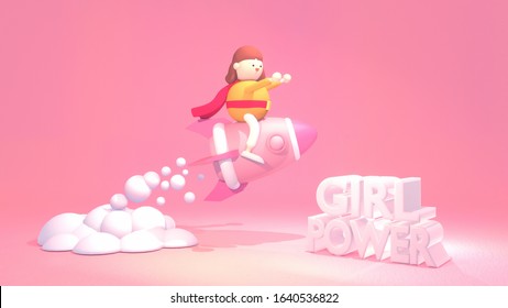 Cartoon female figurine sitting on a pink space rocket. Big "Girl Power" text. 3d rendering picture. - Powered by Shutterstock