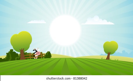 Cartoon Field With Dairy Cow/ Illustration of a cartoon dairy cow inside spring or summer landscape