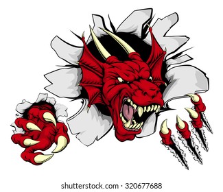 Cartoon Fierce Red Dragon Mascot Animal Character Breaking Through A Wall
