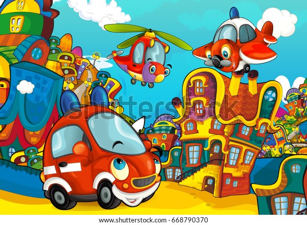 Cartoon fire brigade car smiling and looking in\
the parking lot / helicopter plane flying over - illustration for\
children