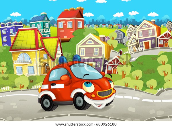 Cartoon fire brigade car\
smiling and looking in the parking lot - illustration for\
children