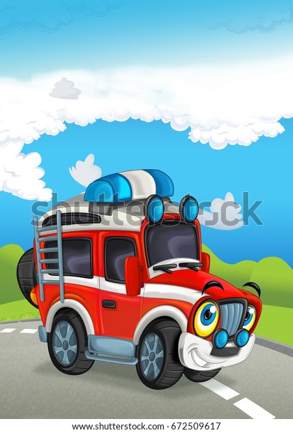 Cartoon fire fighter car smiling and looking on\
the road - illustration for\
children