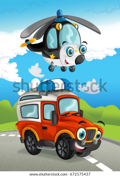 Cartoon fire\
fighter car smiling looking on the road and police helicopter\
flying over - illustration for\
children
