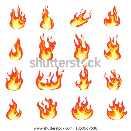 Cartoon fire flame. Fires comic images, bonfire flaming ignition, evil hell blaze. Hot temperature and fever icons flat set