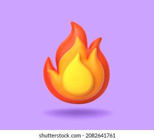 Cartoon fire flame isolated on purple background. 3D rendering with clipping path