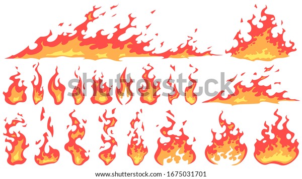 Cartoon fire flames. Fireball flame, red hot\
fire and campfire fiery silhouettes  set. Burning effect, dangerous\
natural phenomenon. Blazing wildfire, bonfires isolated on white\
background