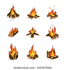 Cartoon Fire Wood And Campfire Set Bonfire And Firewood Concept Flat Design Style Different Types . Illustration