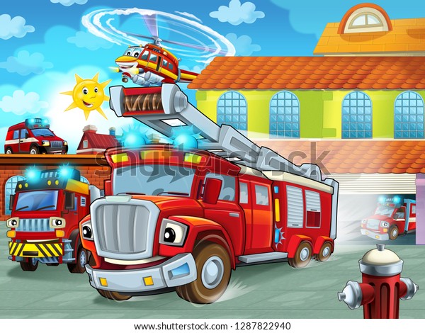 消防署を出て行動するカートーンの消防車 異なる消防車 子ども向けのイラトス のイラスト素材