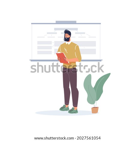 Cartoon flat character at work doing some business - self-employed or office worker, web online, site design concept