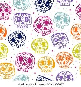  Cartoon Flat Day Of The Dead Seamless Pattern. Ethnic Mexican Sugar Skulls Background