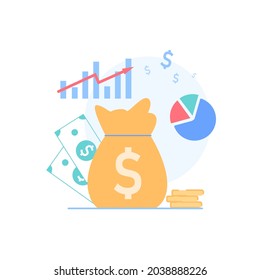 Cartoon Flat Financial Symbols For Education Class Business Course.Gold Coins,money Bag,graph,diagram-financial Literacy,investments,budget Money Management,web Site Banner Ad Concept