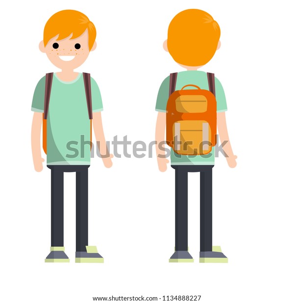 漫画のフラットイラスト 緑の服を着た若い現代男性のタイプとバックパック 可愛い幸せそうな赤毛の男の背中と前から見える のイラスト素材