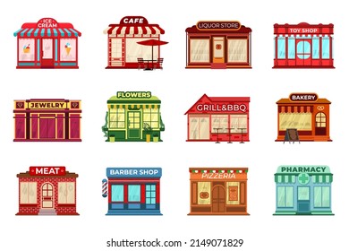 Cartoon Flat Shop Facades. Different Stores, Local Storefront Or Retail In Town. Pharmacy, Restaurant On City Street. Commercial Buildings Recent Set