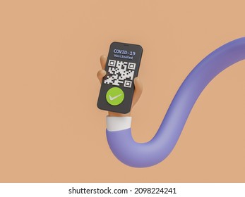 Cartoon Flexible Hand Holding A Mobile Phone With COVID Passport. Concept Of Vacation, Uncertainty, Pandemic And Travel. 3d Rendering