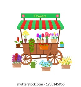 Cartoon Flower Stand Market Shop Concept Element Flat Design Style. Illustration Of Street Floral Kiosk On Wheels