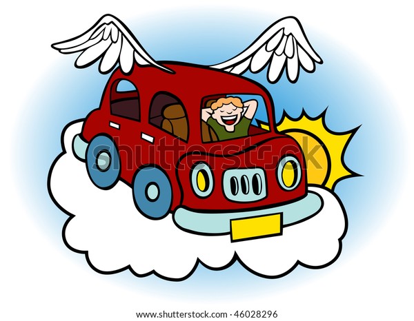 Cartoon of a flying car with wings floating above\
the clouds.