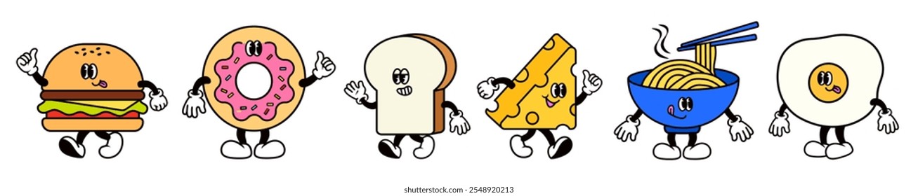 Cartoon food characters: burger, donut, bread, cheese, noodles, egg. Each food item has arms, legs, and a face, creating a playful and whimsical scene. Cute cartoon illustrations isolated on white. - Powered by Shutterstock