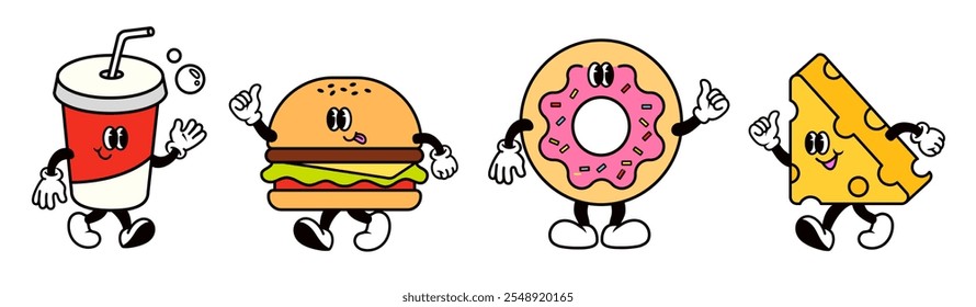 Cartoon food characters: soda, burger, donut, cheese. Each food item has arms, legs, and a smiling face. Playful, colorful, and fun food illustrations. Cute cartoon illustrations isolated on white. - Powered by Shutterstock